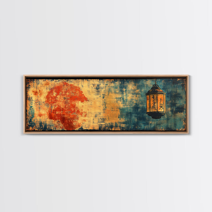 Red Sun And Hanging Lantern On Blue Textured Wall Art, Asian Inspired Canvas Print, Japanese Decor, Moody Abstract Art Print
