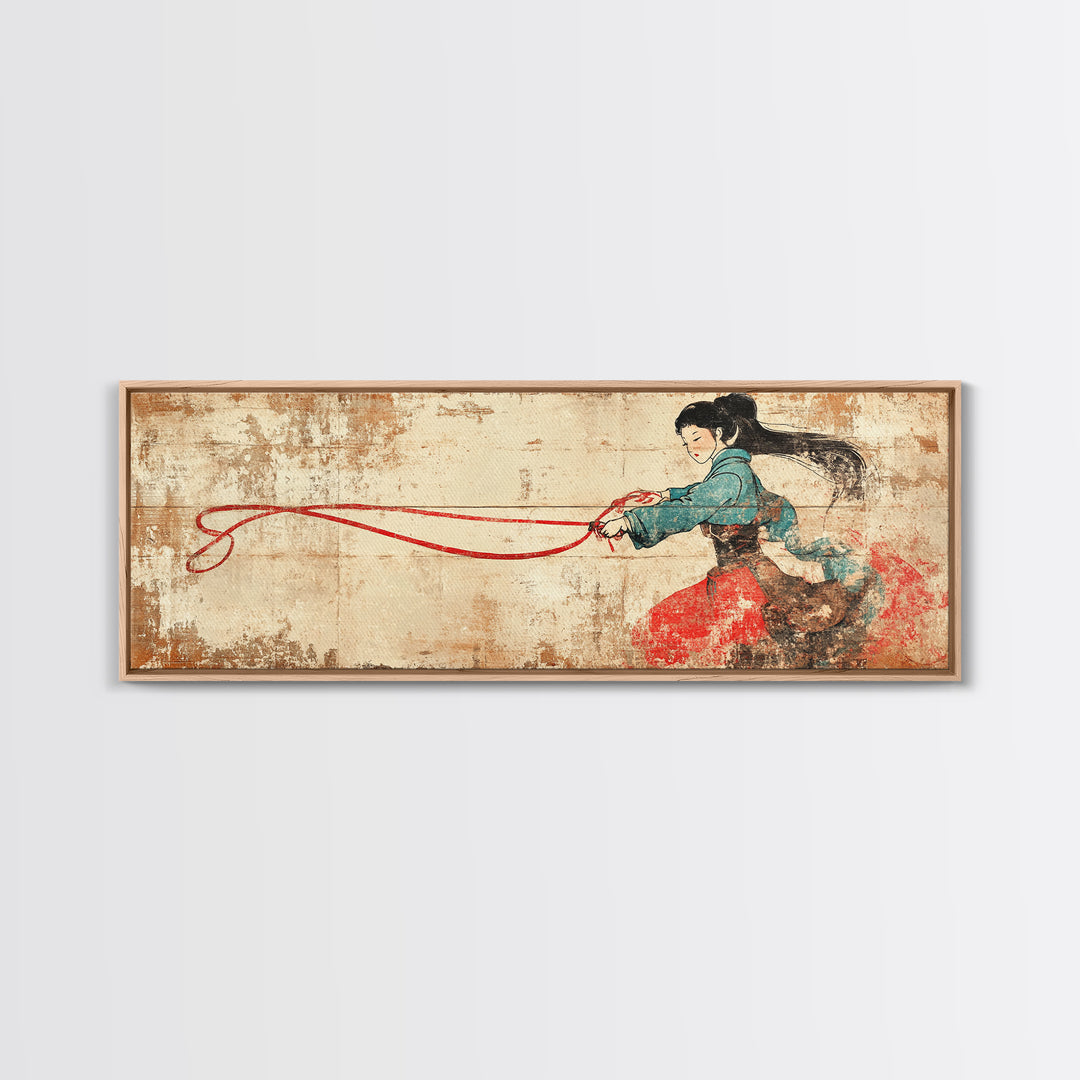 Asian Warrior Woman With Flowing Red Ribbon Canvas Print, Martial Arts Wall Art, Strong Female Art, Japanese Decor Gift For Her