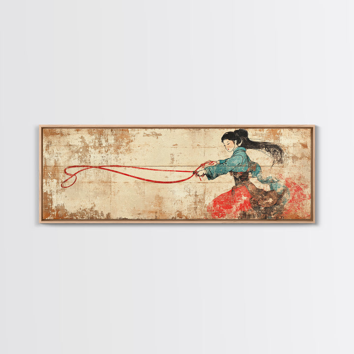 Asian Warrior Woman With Flowing Red Ribbon Canvas Print, Martial Arts Wall Art, Strong Female Art, Japanese Decor Gift For Her