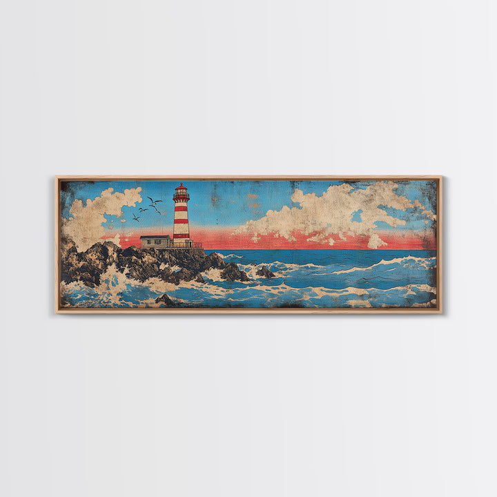 Striped Lighthouse On Rocky Shore With Ocean Waves Wall Art, Nautical Canvas Print, Coastal Decor, Beach House Gift, Seascape Art