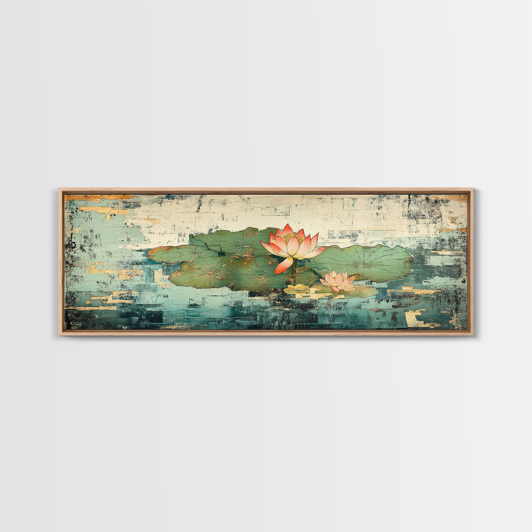 Lotus Pond Water Lily Wall Art, Asian Botanical Canvas Print, Japandi Zen Home Decor, Tranquil Nature Gift For Her, Living Room Decor