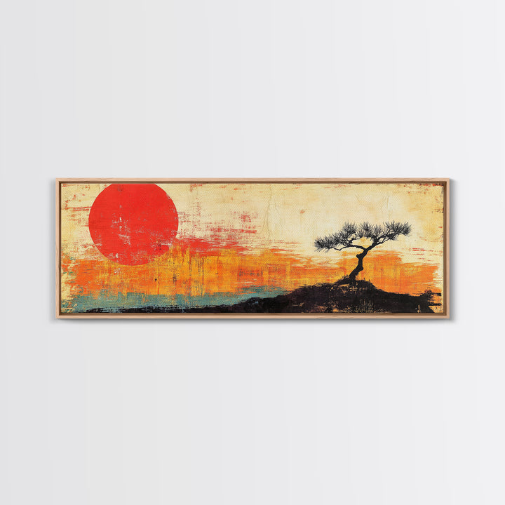 Lone Tree Red Sun Landscape Wall Art, Japandi Canvas Print, Minimalist Nature Decor, Orange Sunset Living Room Art, Above Sofa Decor
