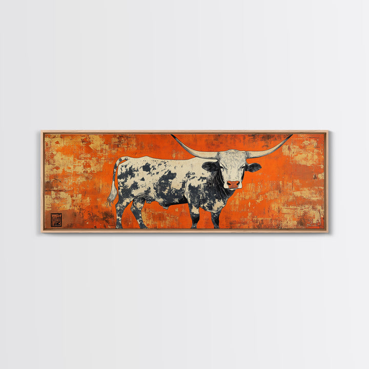 Texas Longhorn Cow On Orange Wall Art, Western Canvas Print, Rustic Ranch Decor, Southwestern Farmhouse Gift For Him, Man Cave Decor