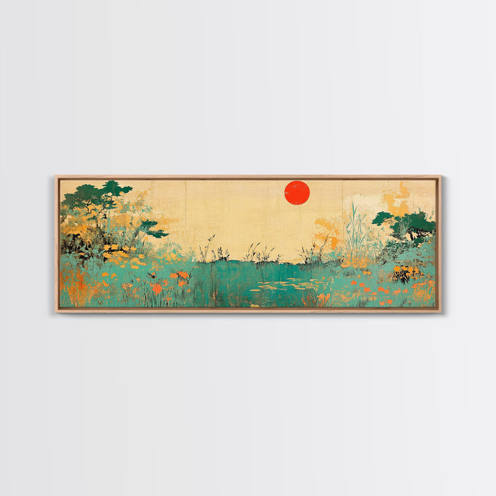 Red Sun Wildflower Marsh Landscape Wall Art, Japanese Inspired Panoramic Canvas, Nature Print, Japandi Living Room Decor