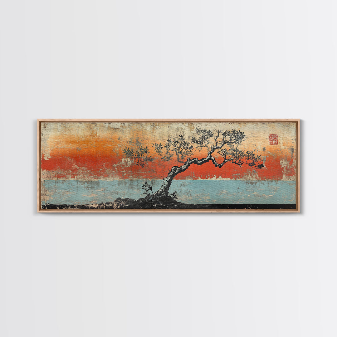 Windswept Pine Tree Sunset Canvas Print, Asian Inspired Coastal Landscape, Zen Wall Decor, Moody Living Room Art, Serene Home Decor