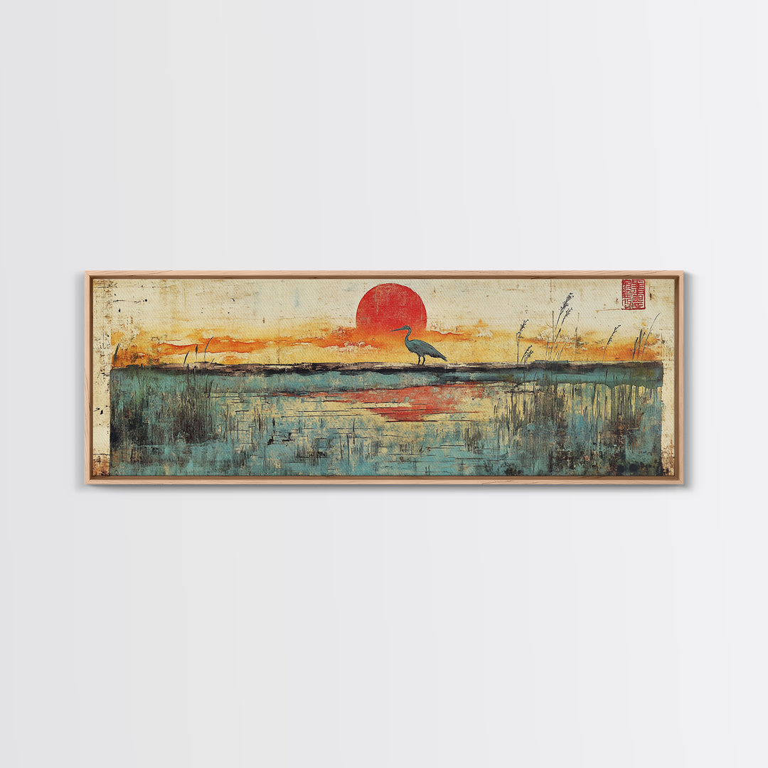 Blue Marsh Heron Red Sun Wall Art, Japanese Inspired Landscape Print, Coastal Wetlands Decor, Serene Bedroom Wall Decor Print