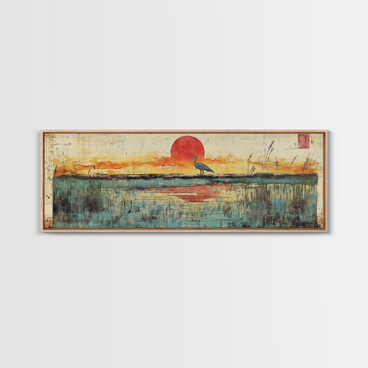 Blue Marsh Heron Red Sun Wall Art, Japanese Inspired Landscape Print, Coastal Wetlands Decor, Serene Bedroom Wall Decor Print