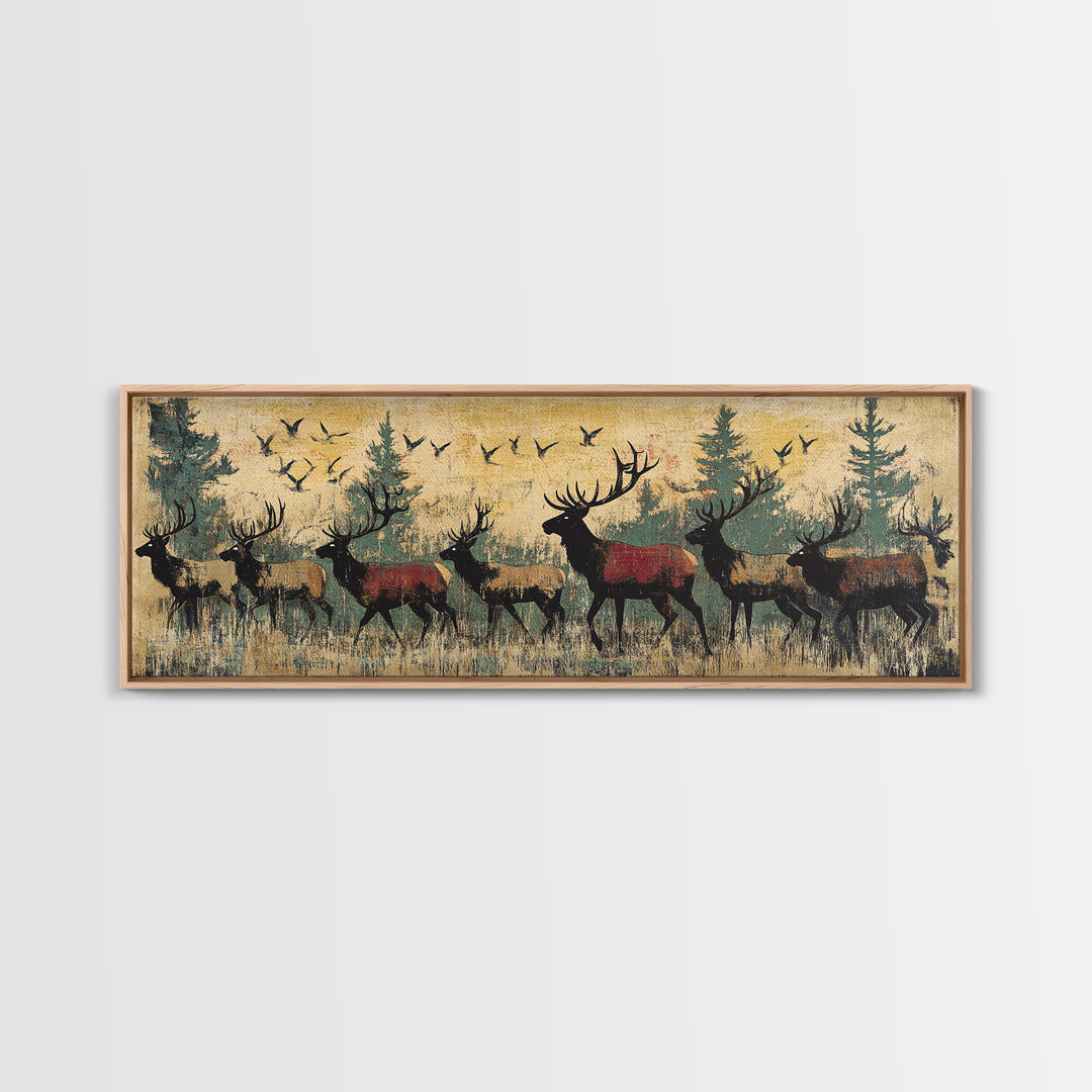 Elk Herd Forest Wildlife Wall Art, Rustic Panoramic Canvas Print, Lodge Cabin Decor, Nature Lover Gift For Him, Living Room Wall Decor