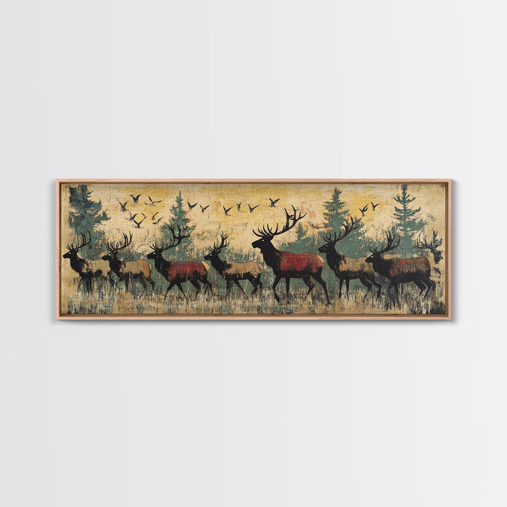 Elk Herd Forest Wildlife Wall Art, Rustic Panoramic Canvas Print, Lodge Cabin Decor, Nature Lover Gift For Him, Living Room Wall Decor