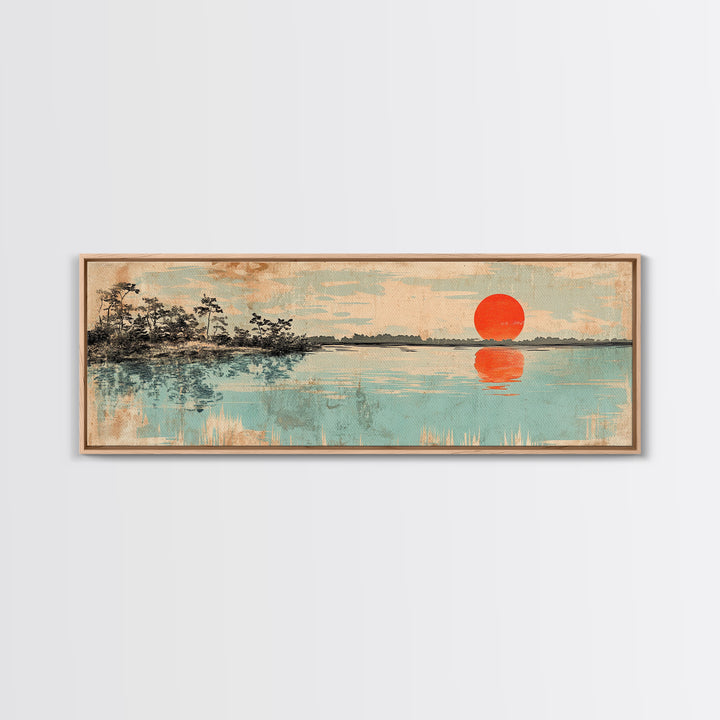 Red Sun Over Serene Teal Lake Wall Art, Japanese Landscape Print, Panoramic Canvas, Japandi Living Room Decor, Coastal Home Decor