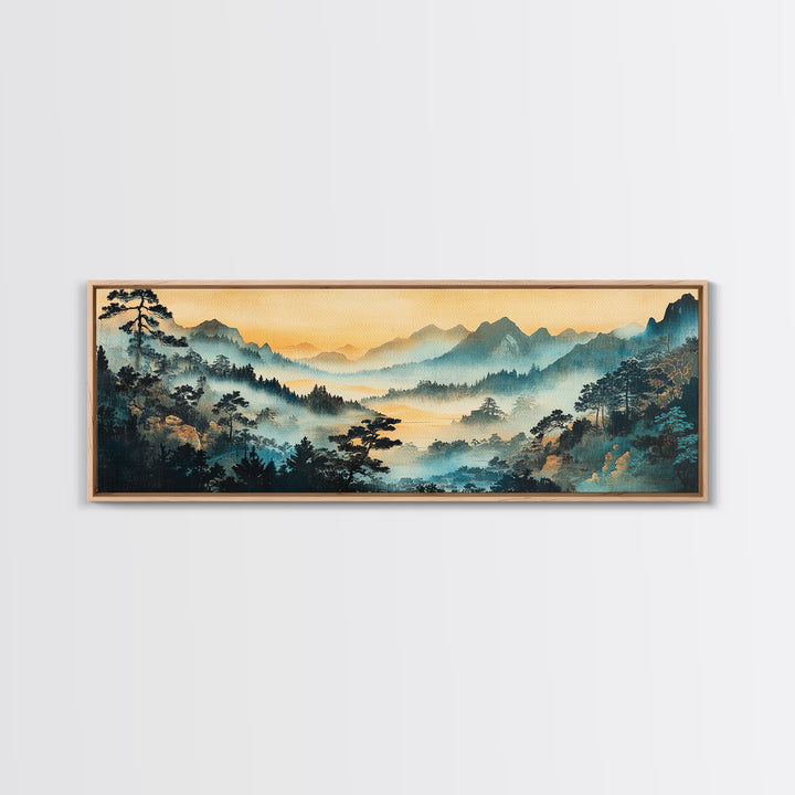 Misty Blue Mountain Valley Canvas Print, Asian Landscape Wall Art, Panoramic Nature Print, Japandi Living Room Decor, Housewarming Gift