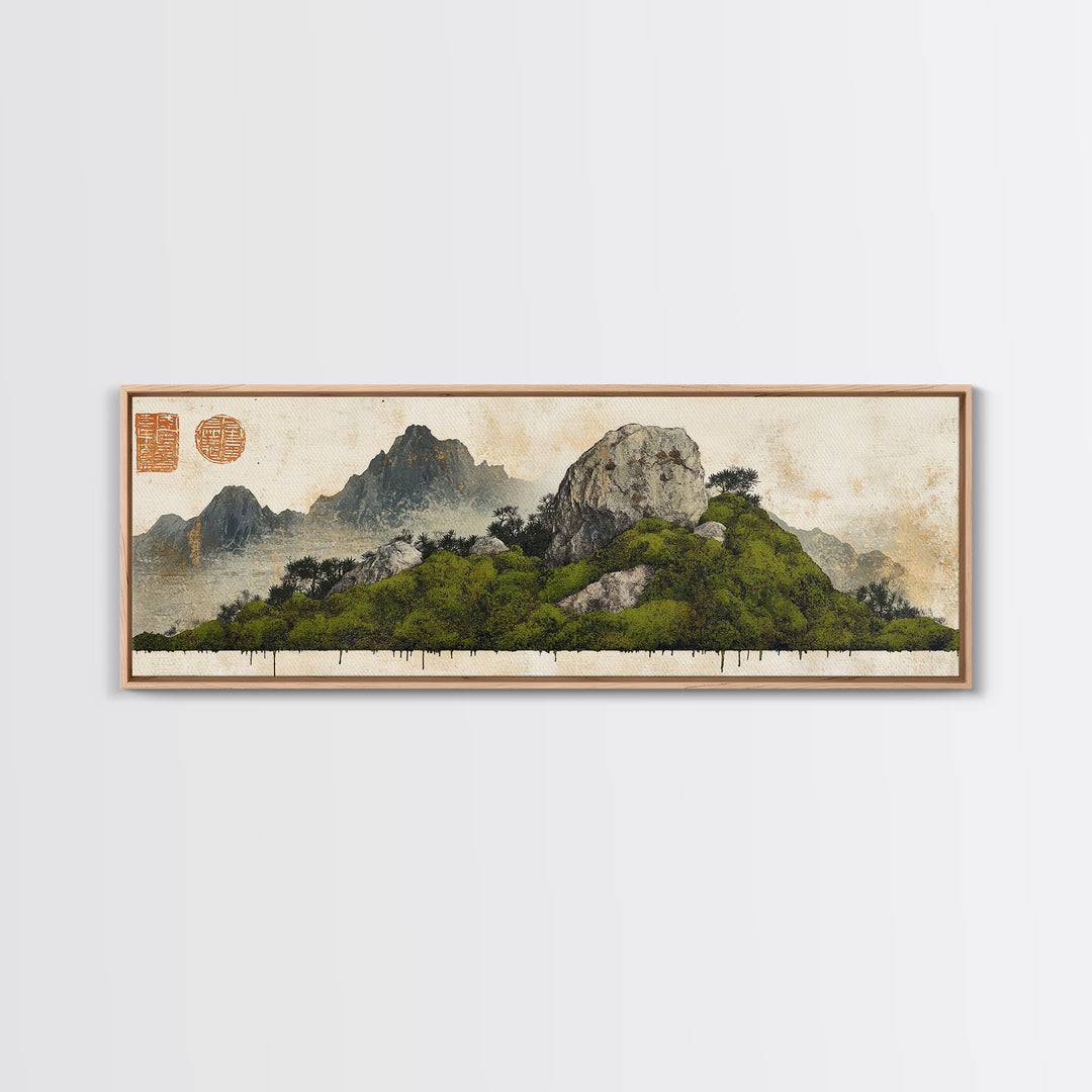 Green Moss Island With Ink Mountains Wall Art, Asian Landscape Print, Chinese Brush Style, Zen Home Decor, Office Wall Art