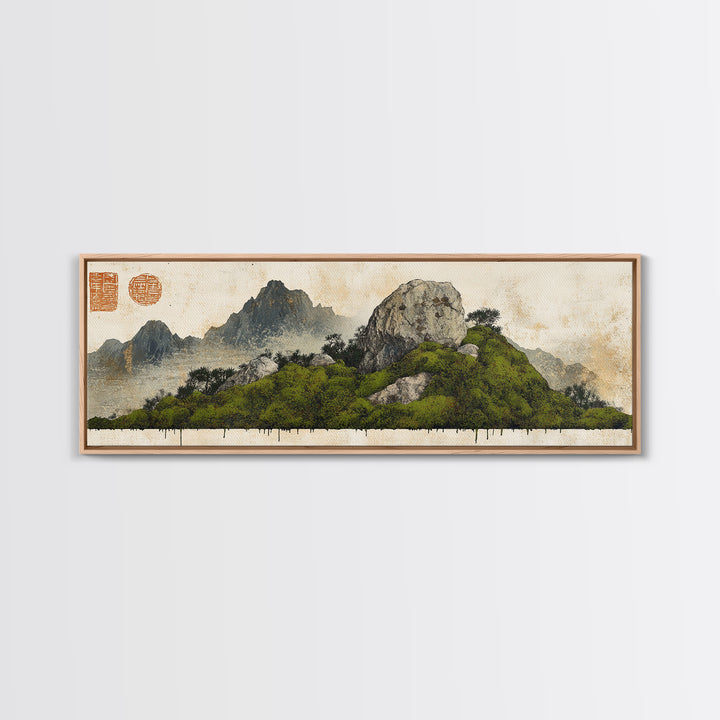Green Moss Island With Ink Mountains Wall Art, Asian Landscape Print, Chinese Brush Style, Zen Home Decor, Office Wall Art