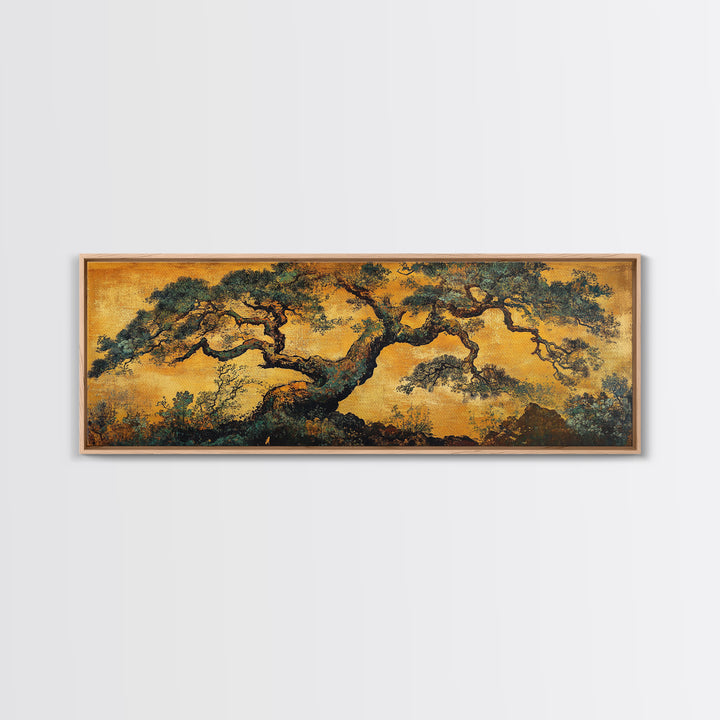 Ancient Pine Tree In Golden Forest Wall Art, Rustic Asian Landscape Print, Nature Inspired Art, Japandi Home Decor Gift For Her