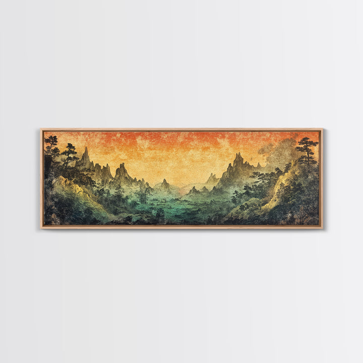 Mystical Mountain Valley At Sunset Canvas Print, Asian Landscape Wall Art, Moody Nature Decor, Panoramic Living Room Art