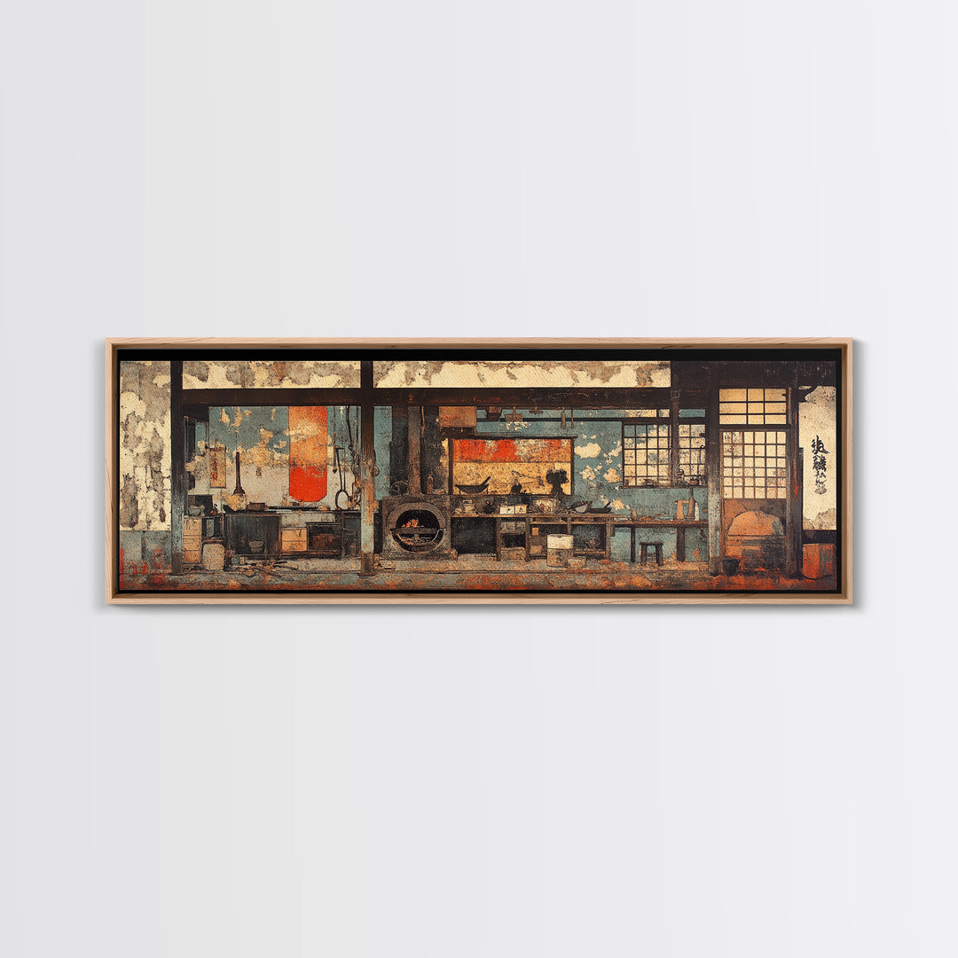 Rustic Japanese Tea House Interior Wall Art, Zen Kitchen Decor Print, Wabi Sabi Home Decor, Framed Canvas Print, Japandi Living Room Decor