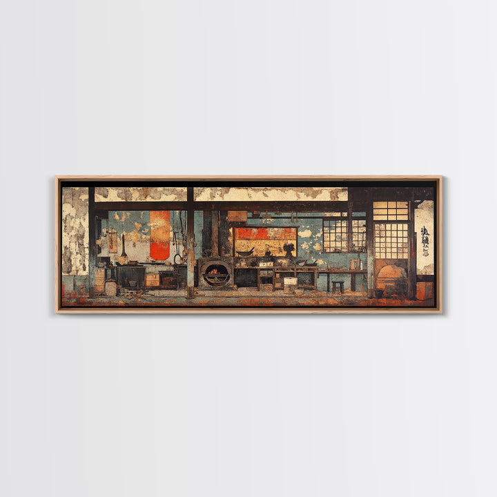 Rustic Japanese Tea House Interior Wall Art, Zen Kitchen Decor Print, Wabi Sabi Home Decor, Framed Canvas Print, Japandi Living Room Decor