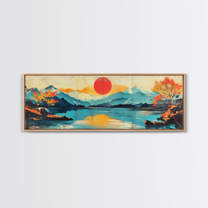 Red Sun Over Mountain Lake Framed Canvas Print, Japanese Landscape Wall Art, Autumn Nature Decor, Large Panoramic Print, Housewarming Gift