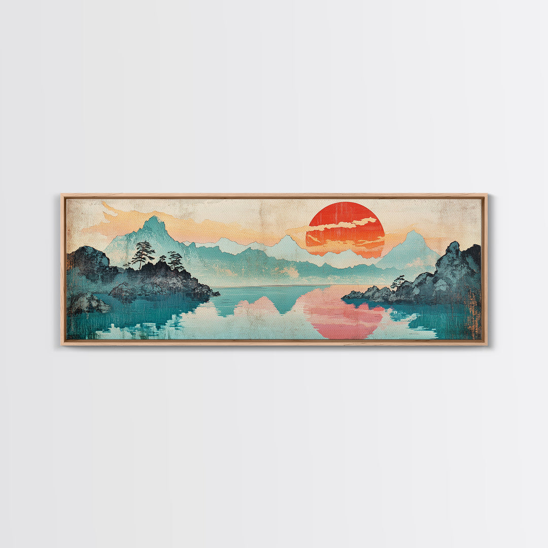 Coral Sun Over Teal Mountain Lake Wall Art, Japanese Landscape Print, Coastal Japandi Decor, Serene Bedroom Wall Art Print