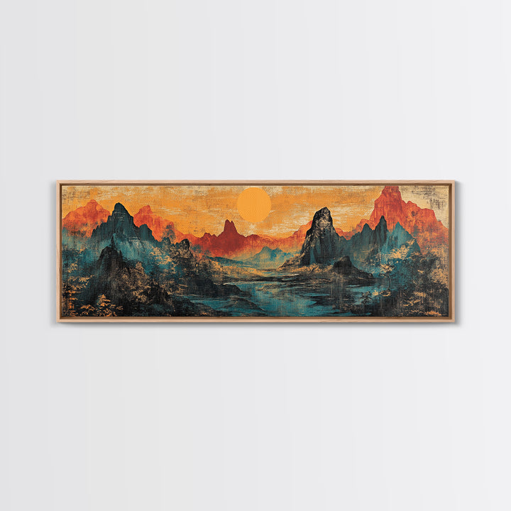 Orange Sun Over Dramatic Mountain Range Canvas Print, Asian Landscape Wall Art, Rustic Desert Decor, Statement Wall Art For Office Decor
