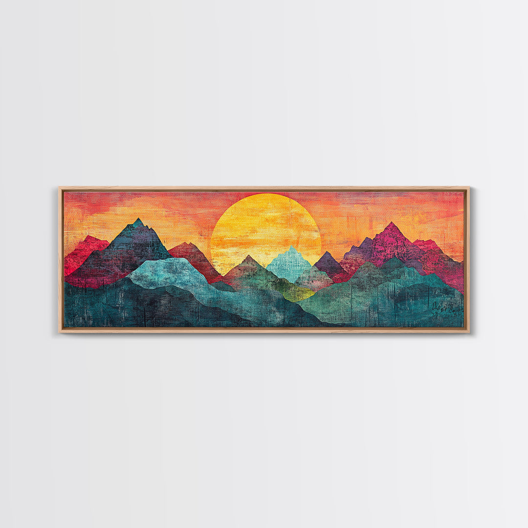 Geometric Mountain Sunrise With Teal And Magenta Peaks Wall Art, Mid Century Modern Canvas Print, Colorful Landscape Decor