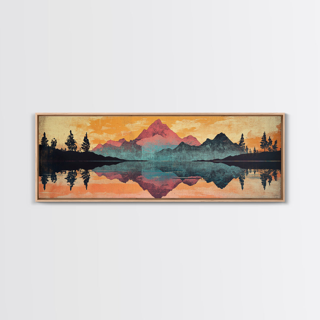 Mountain Lake Reflection With Pine Forest Sunset Wall Art, Framed Canvas Print, Nature Landscape, Rustic Cabin Decor, Lake House