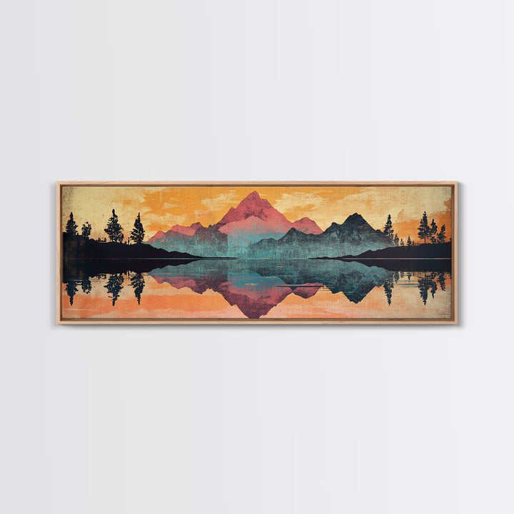 Mountain Lake Reflection With Pine Forest Sunset Wall Art, Framed Canvas Print, Nature Landscape, Rustic Cabin Decor, Lake House