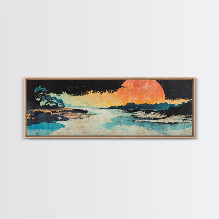 Serene Coastal Sunset With Lone Tree And Blue Shore Wall Art, Japanese Canvas Print, Zen Landscape, Beach House Decor, Spa Decor
