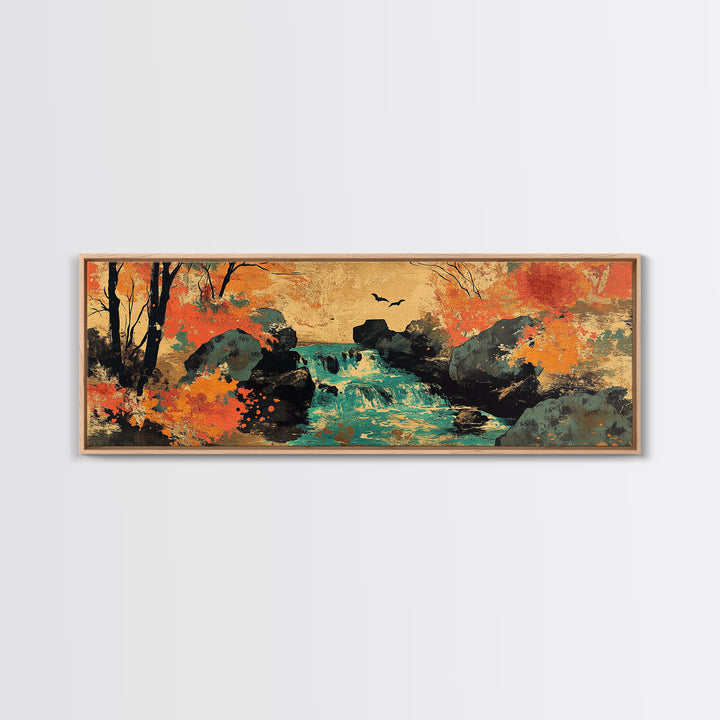 Autumn Forest Stream With Waterfall And Birds Wall Art, Framed Canvas Print, Rustic Landscape Art, Cozy Cabin Decor, Nature