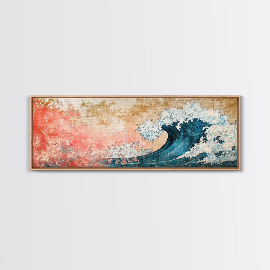 Crashing Blue Wave With Pink Coral Sky Wall Art, Framed Canvas Print, Coastal Seascape, Ocean Wall Decor, Beach House Decor