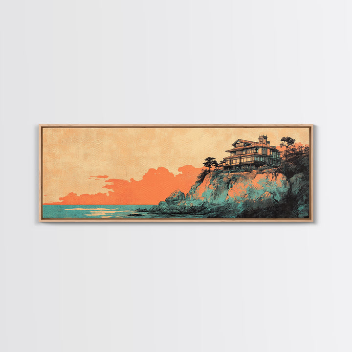Japanese Cliffside House At Sunset Wall Art, Panoramic Canvas Print, Coastal Decor, Asian Inspired Living Room Decor Art Print