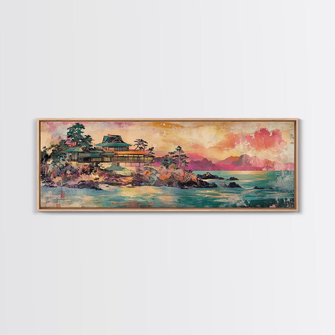 Japanese Palace On Turquoise Coast Wall Art, Panoramic Canvas Print, Asian Landscape Art For Japandi Living Room Decor Print