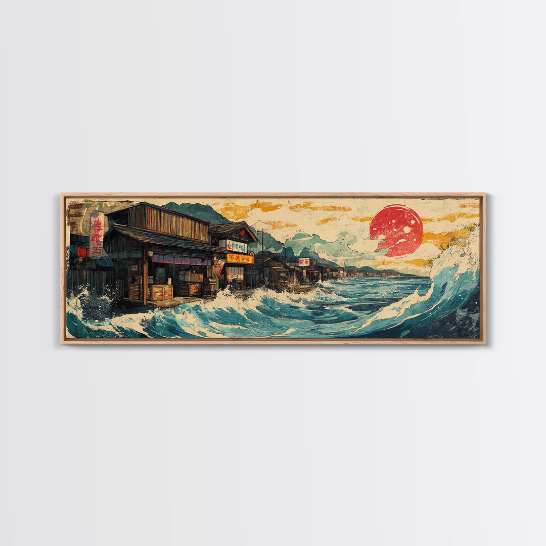 Japanese Seaside Village With Red Sun Wall Art, Panoramic Canvas Print, Ocean Wave Decor, Coastal Kitchen Art Print Home Decor