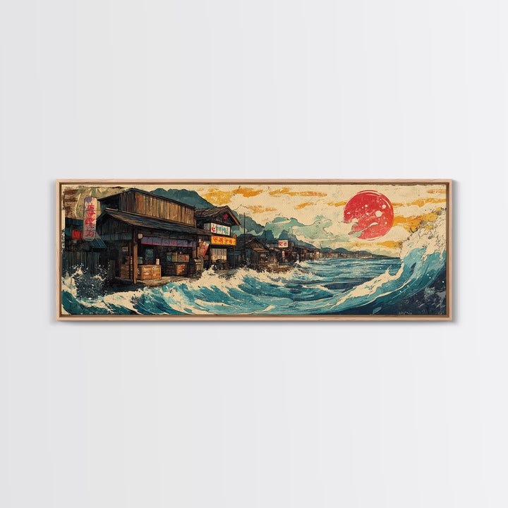 Japanese Seaside Village With Red Sun Wall Art, Panoramic Canvas Print, Ocean Wave Decor, Coastal Kitchen Art Print Home Decor
