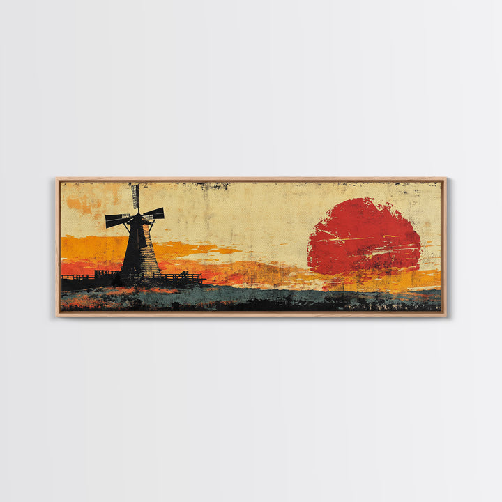 Rustic Windmill And Red Sun Landscape Wall Art, Panoramic Canvas Print, Farmhouse Decor, Western Living Room Art Home Decor