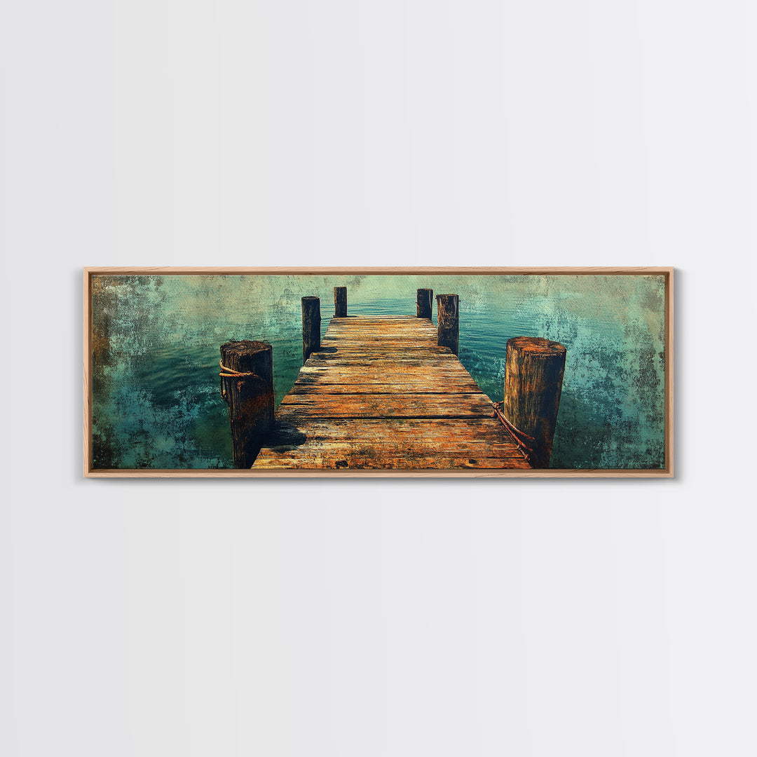 Weathered Wooden Dock Over Teal Water Wall Art, Panoramic Canvas Print, Lake House Decor, Nautical Living Room Art Coastal Decor