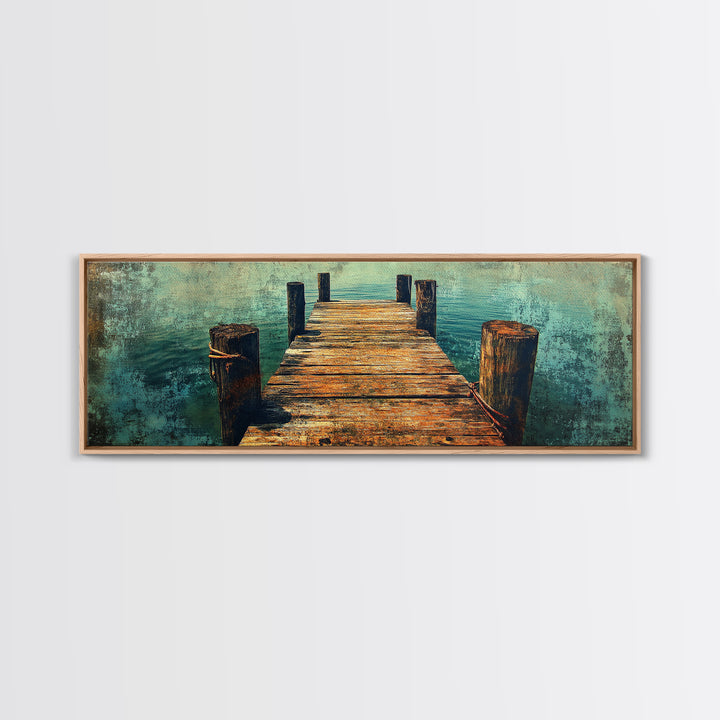 Weathered Wooden Dock Over Teal Water Wall Art, Panoramic Canvas Print, Lake House Decor, Nautical Living Room Art Coastal Decor