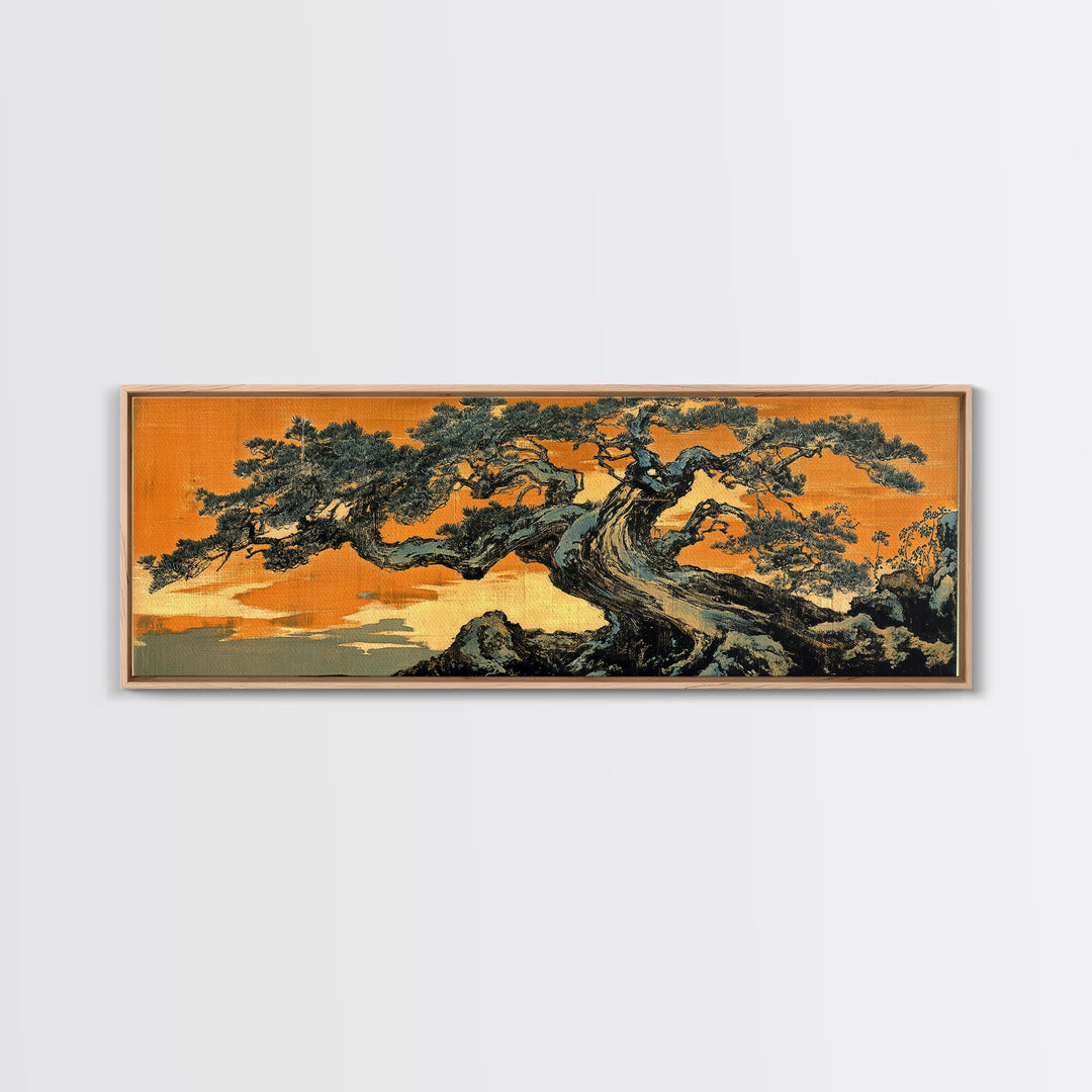 Twisted Japanese Pine Tree Landscape Wall Art, Panoramic Canvas Print, Japandi Decor, Nature Wall Decor, Office Art Print