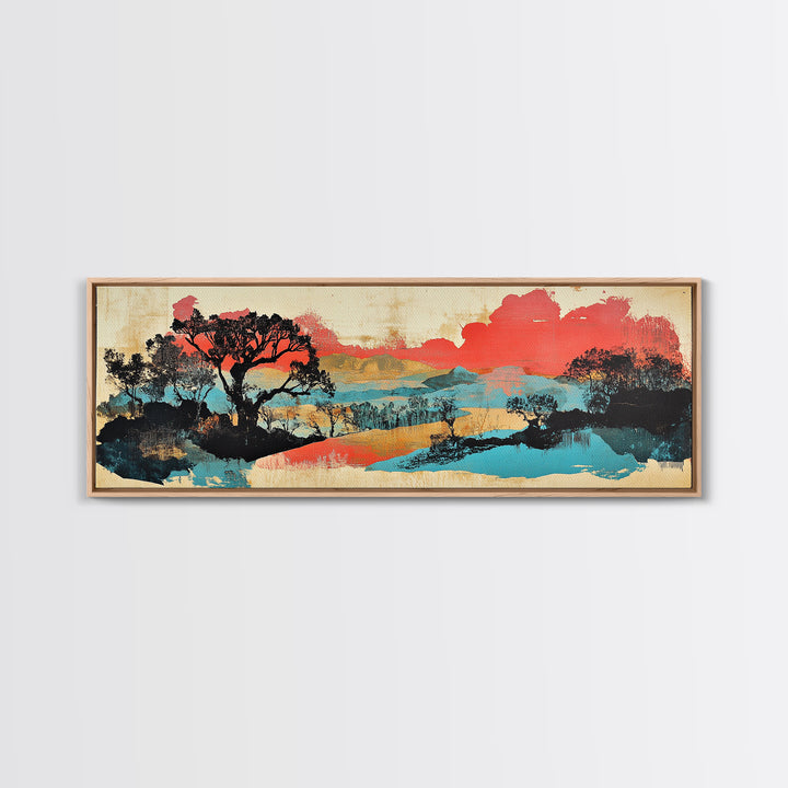 Coral Sky Abstract River Trees Wall Art, Japanese Landscape Print, Panoramic Canvas, Modern Asian Living Room Decor, Home Decor