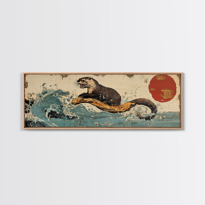 Playful Otter Riding Ocean Wave Wall Art, Japanese Animal Print, Panoramic Canvas, Coastal Bathroom Decor, Wildlife Gift For Her
