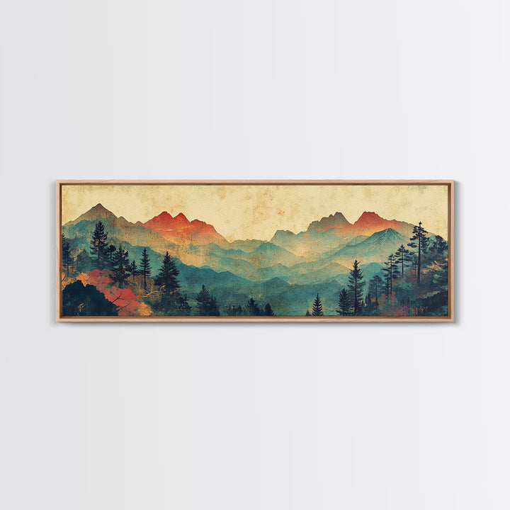Layered Blue Mountain Forest Wall Art, Panoramic Canvas Print, Nature Landscape, Rustic Cabin Living Room Decor, Above Sofa Decor