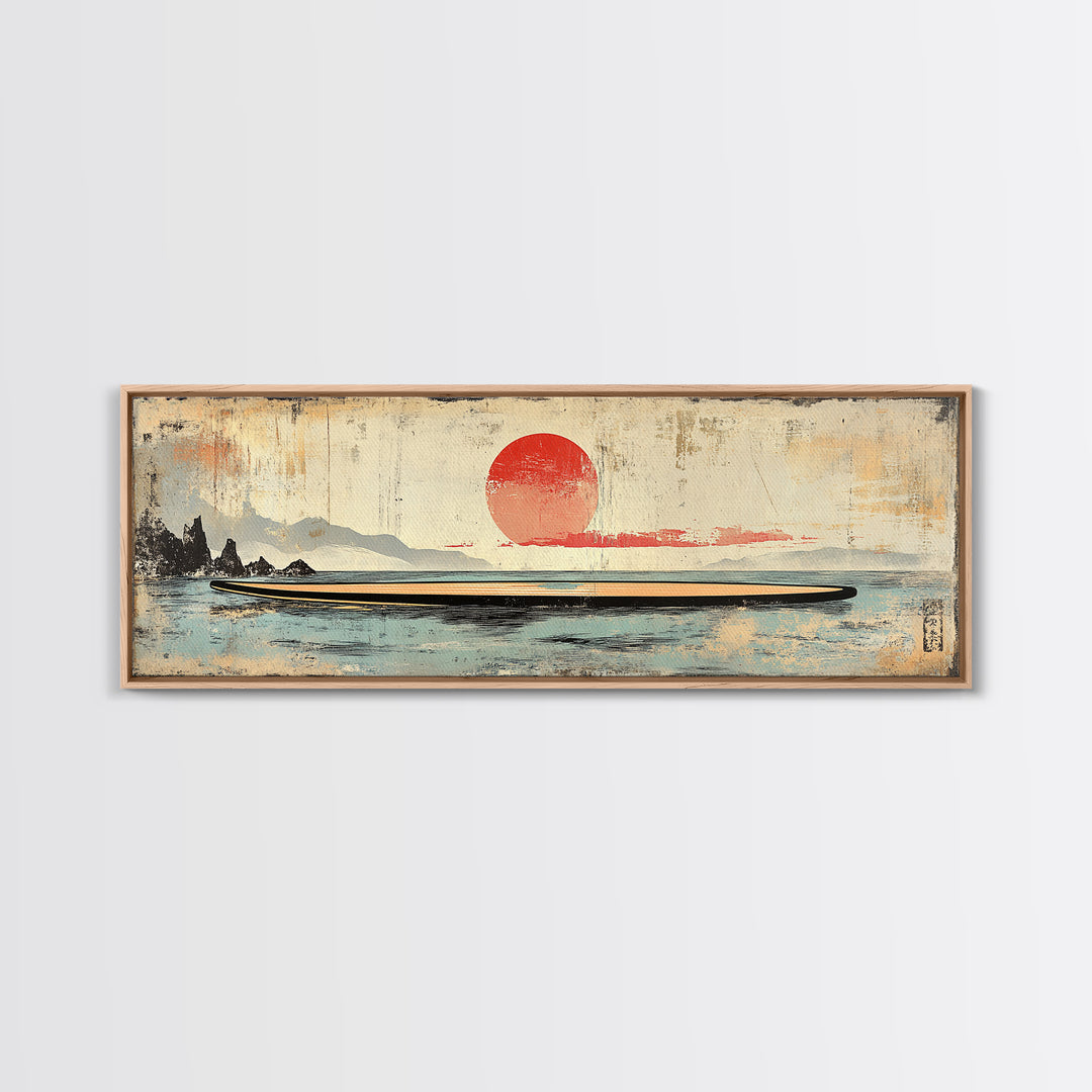 Red Sun Seascape Minimalist Wall Art, Japanese Coastal Canvas Print, Neutral Beach House Decor, Living Room Art Print, Zen Home Decor