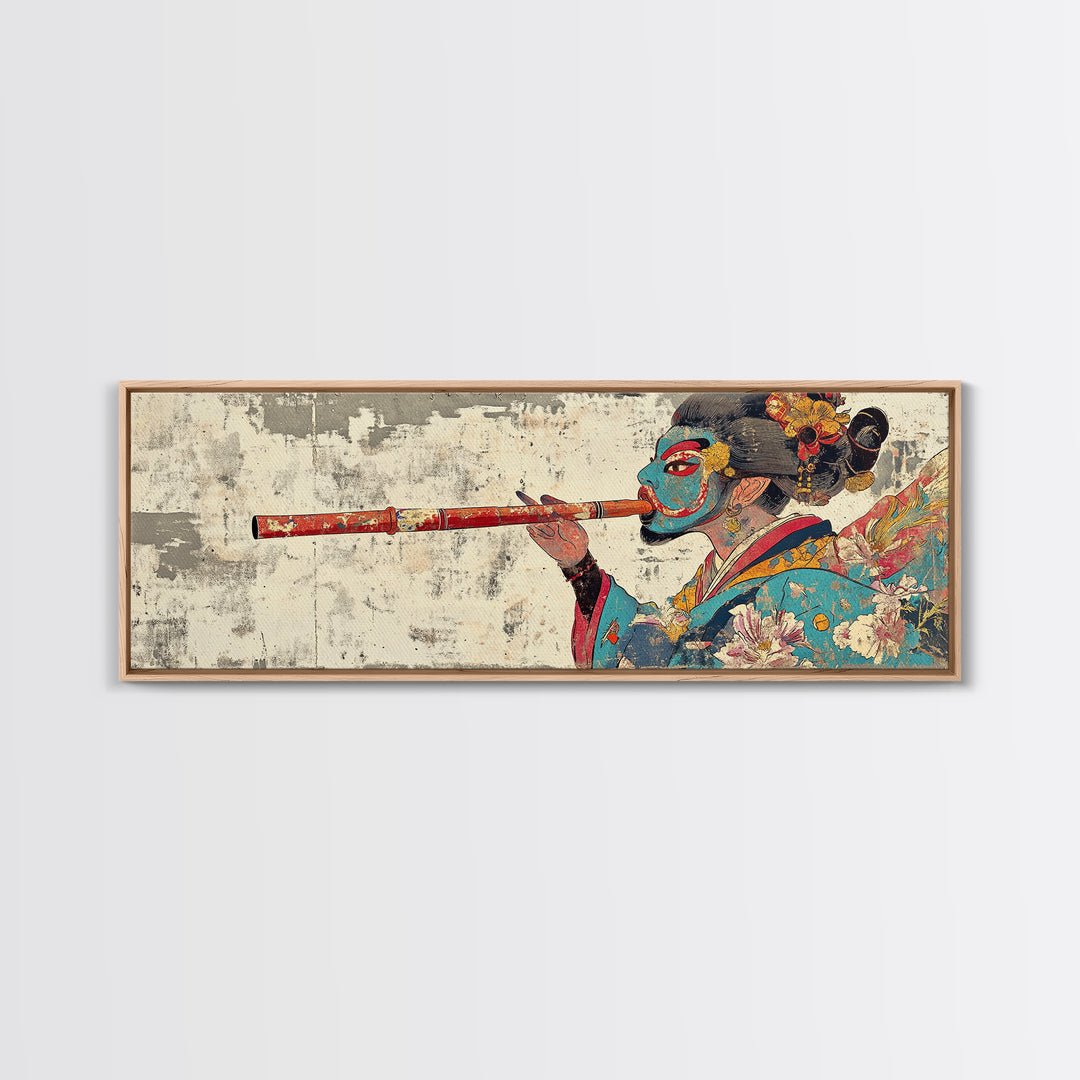 Japanese Geisha Flute Portrait Framed Canvas Print, Asian Wall Art, Kimono Woman Decor, Japandi Home Decor, Gift For Her