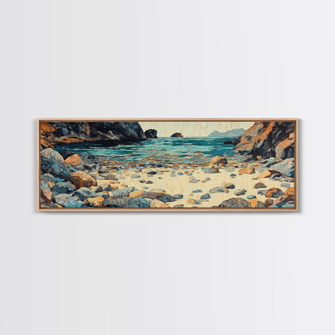 Turquoise Rocky Shore Seascape Wall Art, Coastal Canvas Print, Ocean Landscape, Beach House Decor, Large Living Room Art