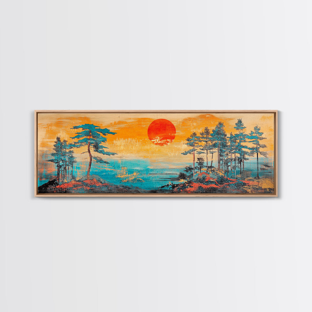 Red Sun Pine Island Wall Art, Japanese Coastal Landscape, Serene Ocean Decor, Long Horizontal Framed Canvas Print, Living Room Art