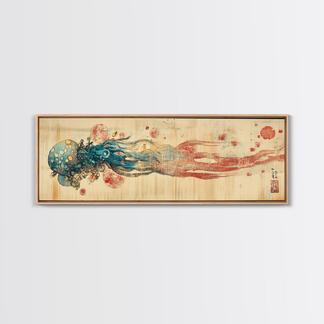 Blue Jellyfish Ocean Wall Art, Marine Life Illustration, Coastal Bathroom Decor, Nautical Framed Canvas Print, Gift For Her