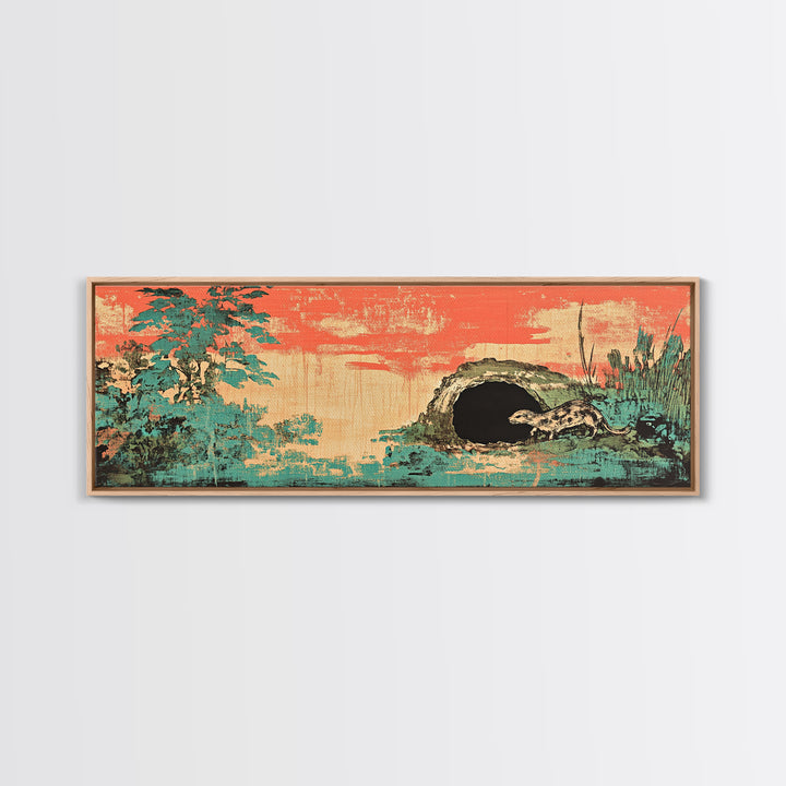 Teal Pine Forest And Moonlit Cave Wall Art, Japanese Landscape Print, Japandi Decor, Panoramic Canvas, Nature Home Decor