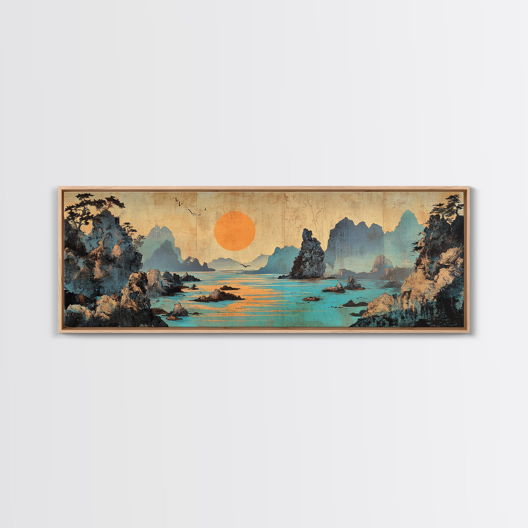 Turquoise Karst Bay Sunset Wall Art, Asian Landscape Print, Japanese Wall Decor, Zen Coastal Art, Panoramic Canvas Print