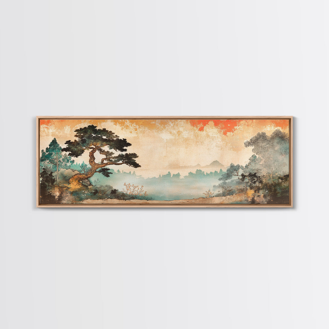 Misty Pine Tree Mountain Wall Art, Japanese Landscape Print, Japandi Wall Decor, Serene Nature Art, Large Horizontal Canvas