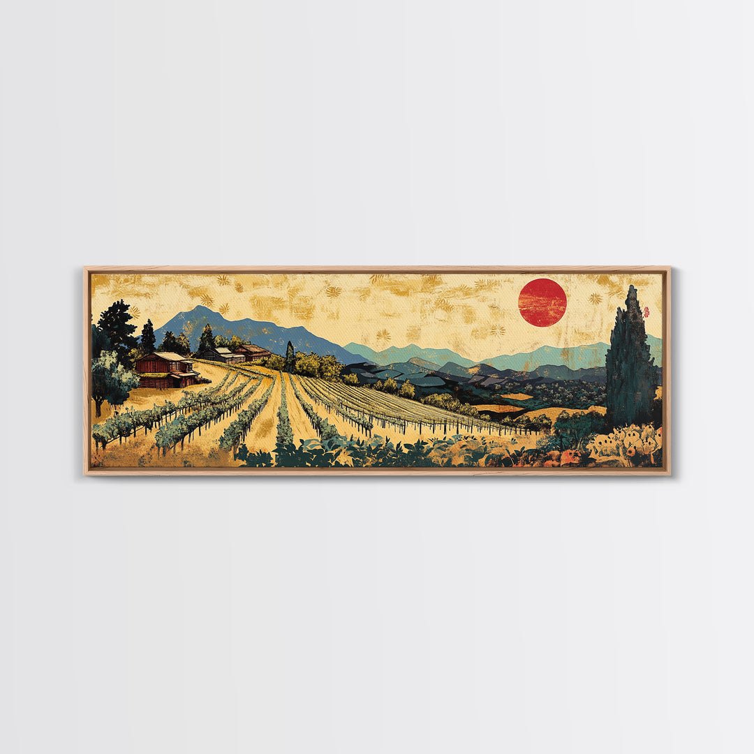 Tuscan Vineyard Rows And Red Sun Canvas Print, Wine Country Landscape Wall Art, Rustic Kitchen Decor, Housewarming Gift Idea